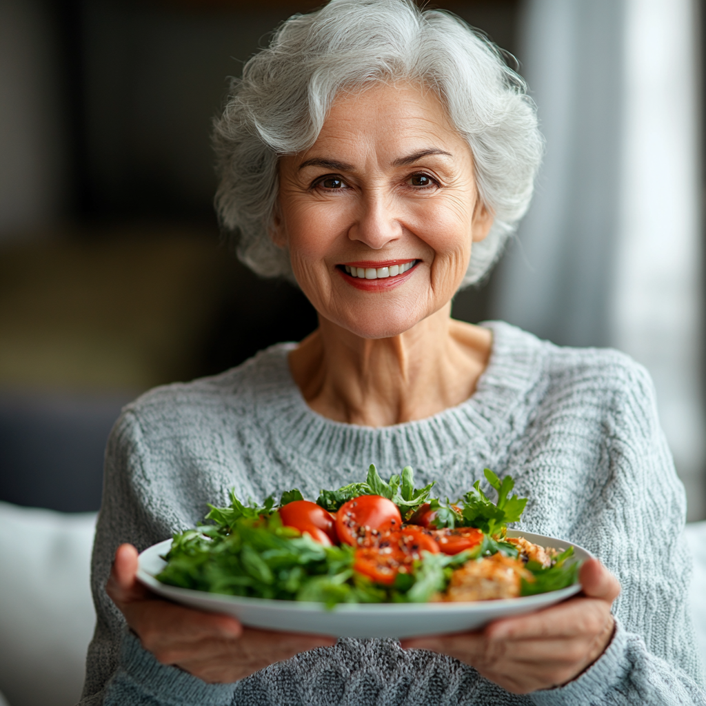Щаслива жінка з тарілкою здорової їжі